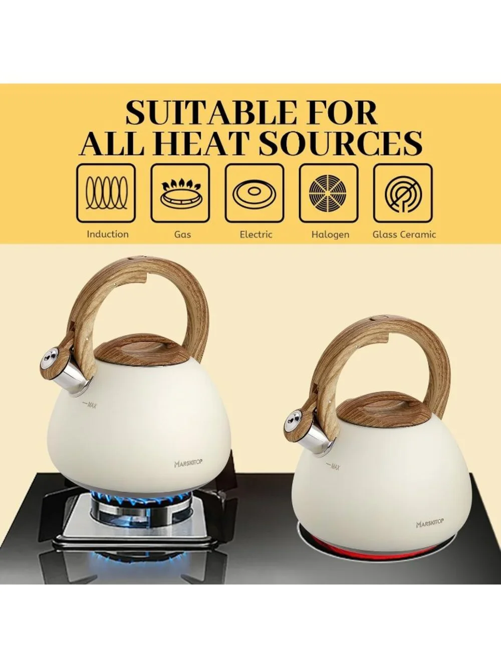 Cream White Stainless Steel Whistling Tea Kettles 2.6QT Stovetop Cookware Pot